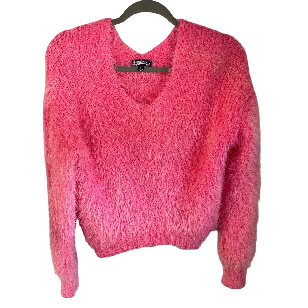 Freshman Fuzzy Knit Cropped Sweater Hot Pink V Neck Long Sleeve Women‎ Size S